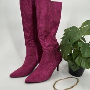 Hot Pink Glitter Knee High Boots Heels Size 8